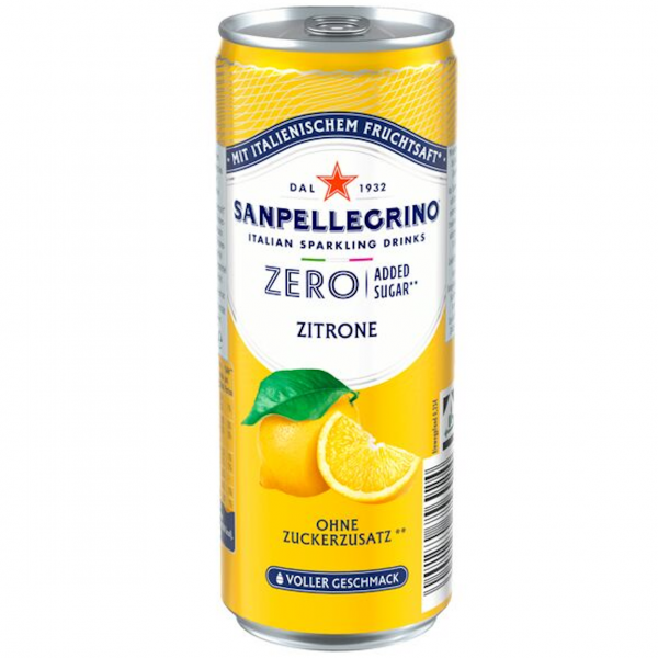Sanpellegrino Lemon Zero – zuckerfreie italienische Zitronenlimonade in der 0,33‑L‑Dose.