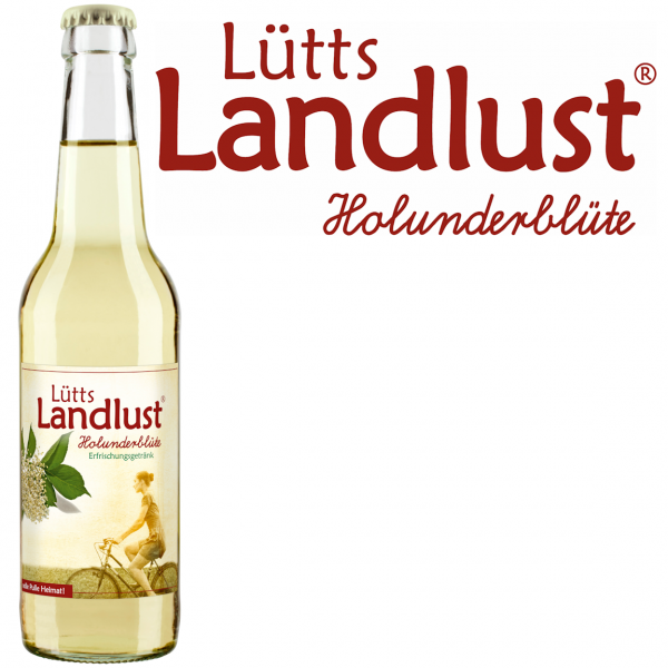 Lütts Landlust Holunderblüte Schorle mit Holunderblüten‑Illustration im fröhlichen Cartoon‑Stil.