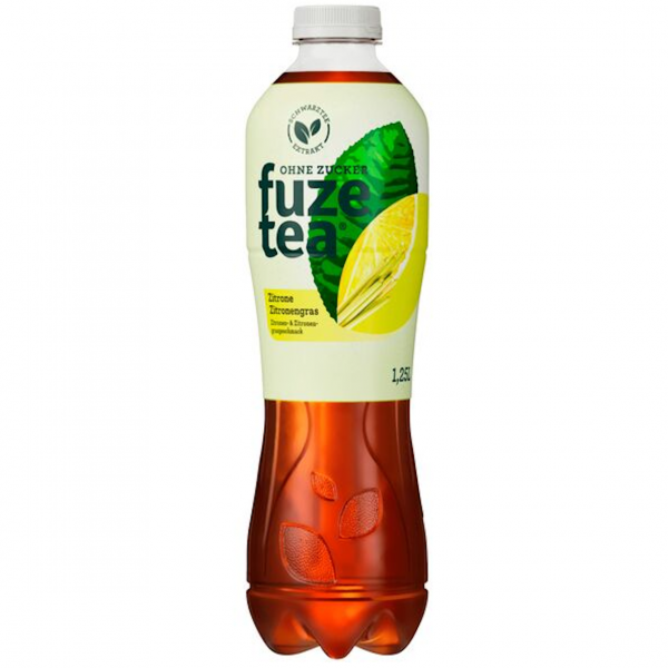 Fuze Tea Zitrone ohne Zucker – moderne Flasche, eisgekühlt, zitronig-frisch inszeniert