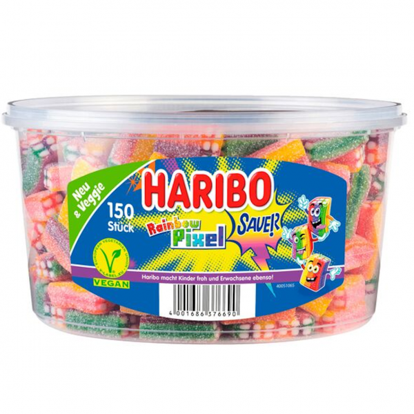Bunte, sauer kandierte Haribo Rainbow Pixel – fruchtig, knallig und perfekt zum Snacken.